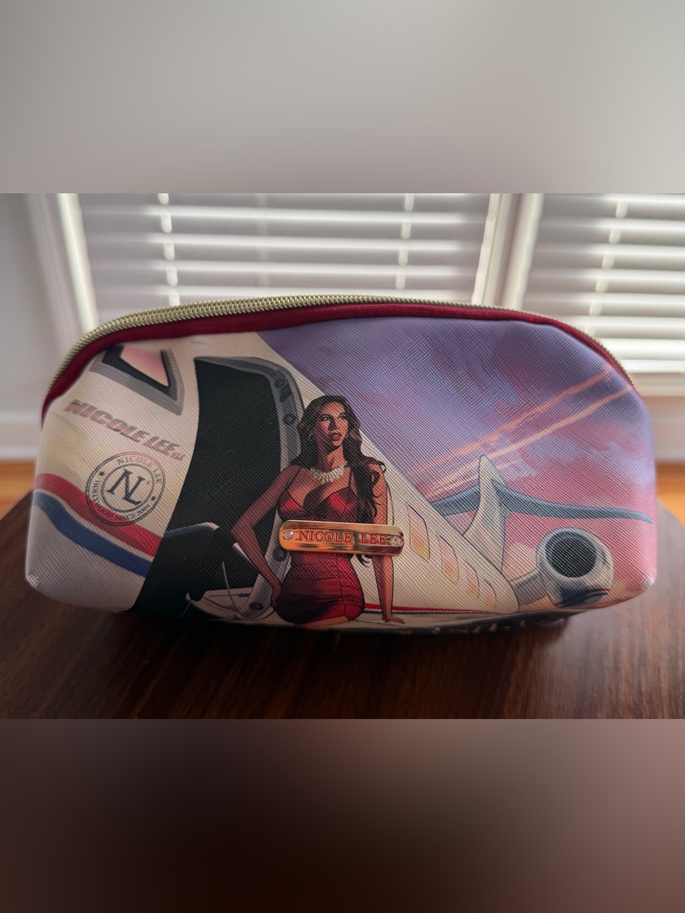 Nicole Lee Red and Gold Jet-Set Graphic Cosmetic Case